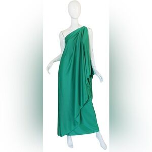 RARE Vintage Halston 1970s One-Shoulder Green Jersey Gown